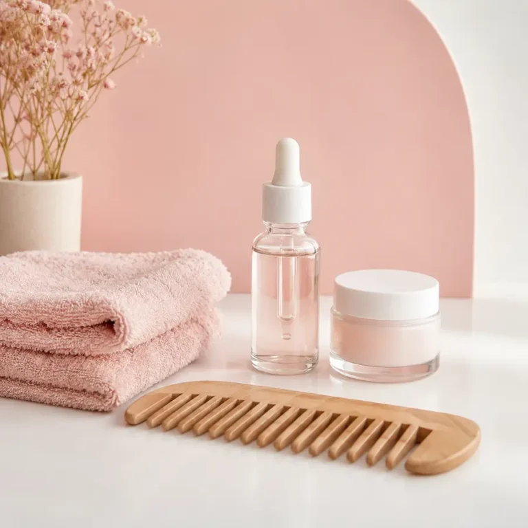 Unbranded skincare bottles, towel and wooden comb