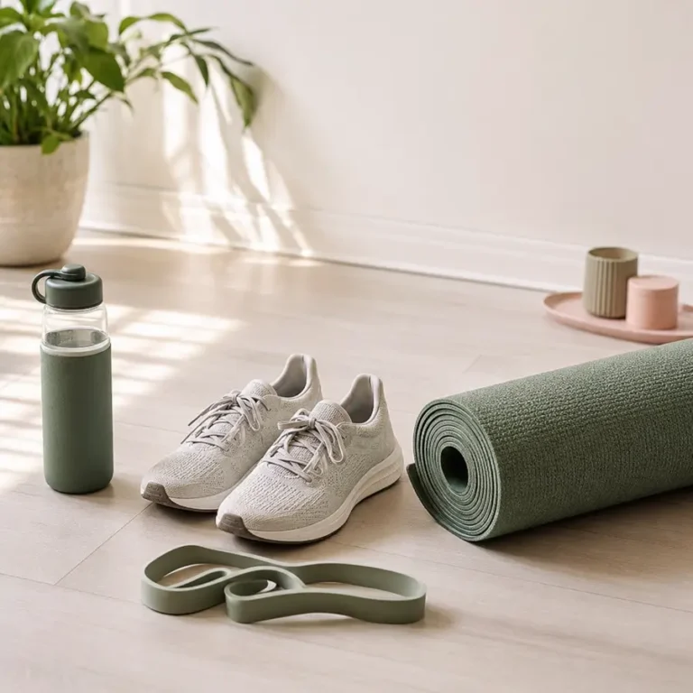 Running shoes, yoga mat and home fitness accessories