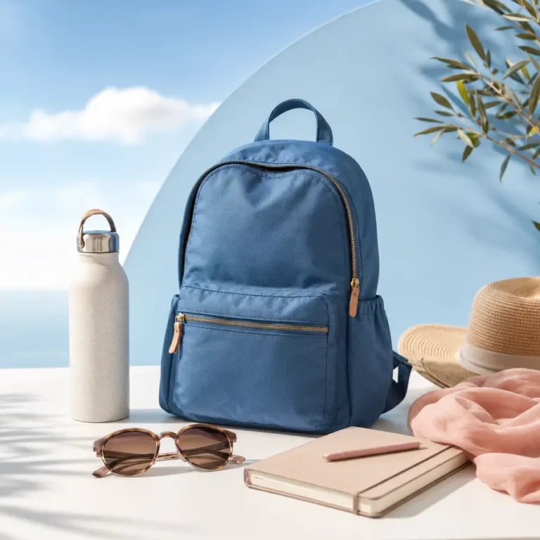 Blue travel backpack and everyday travel accessories